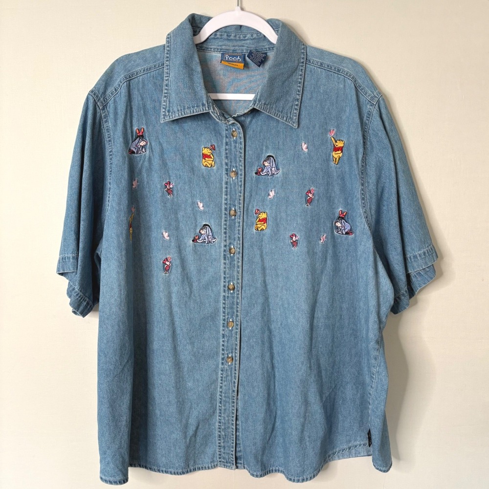 Vtg 90s Disney Pooh Woman Embroidered Denim Shirt Plus 26W 28W Cottagecore Y2K